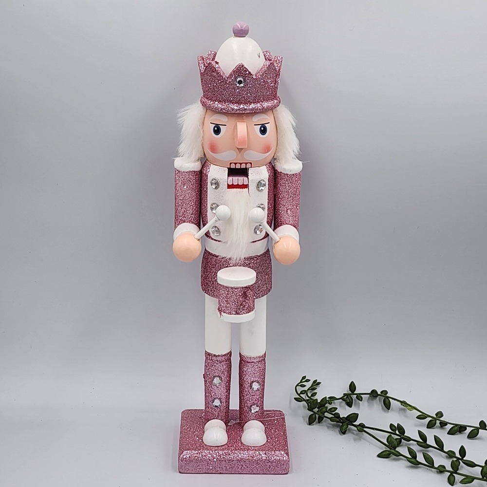 Pink White Drummer King Guard Nutcracker Wood Glitter Crown Christmas Decor 14"